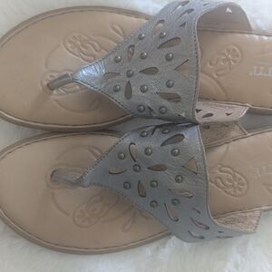 Born Leather Thong Sandals Size 9 Pewter Metallic Studded Comfort Footbed Boho
